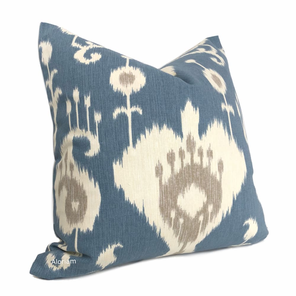 Batam Blue Cream Taupe Ikat Cotton Print Pillow Cover - Aloriam