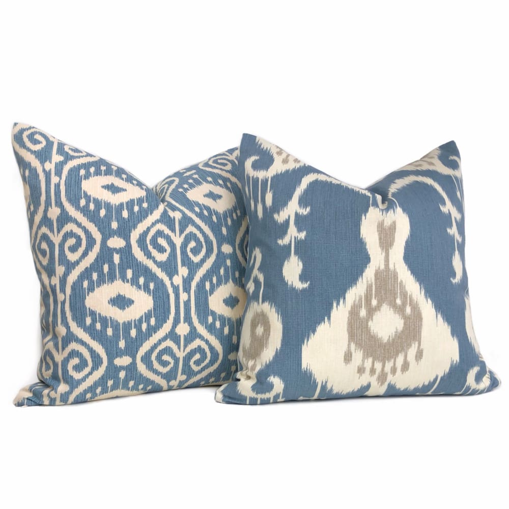 Batam Blue Cream Taupe Ikat Cotton Print Pillow Cover - Aloriam