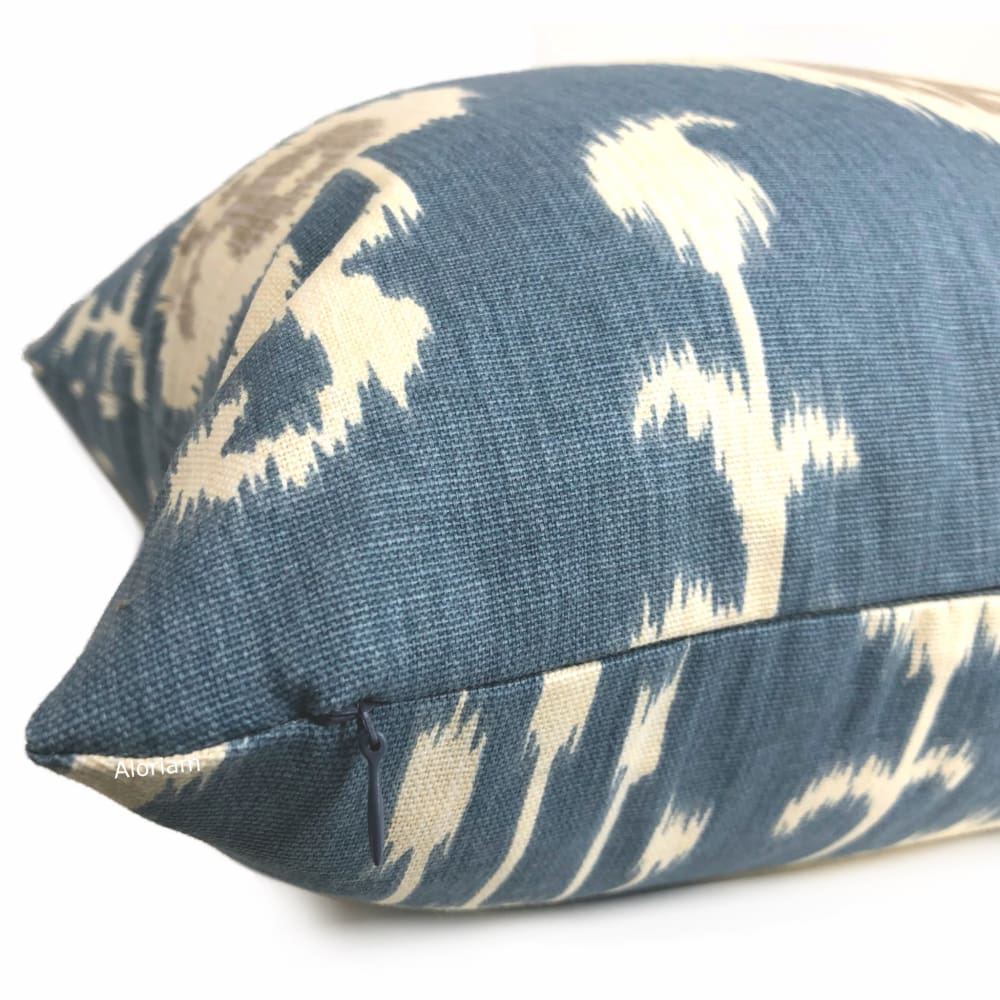 Batam Blue Cream Taupe Ikat Cotton Print Pillow Cover - Aloriam