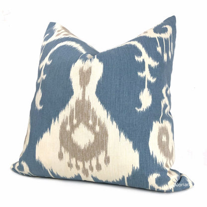 Batam Blue Cream Taupe Ikat Cotton Print Pillow Cover - Aloriam