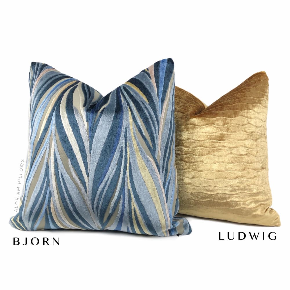 Bjorn Blue Beige Chevron Swirl Velvet Pillow Cover - Aloriam