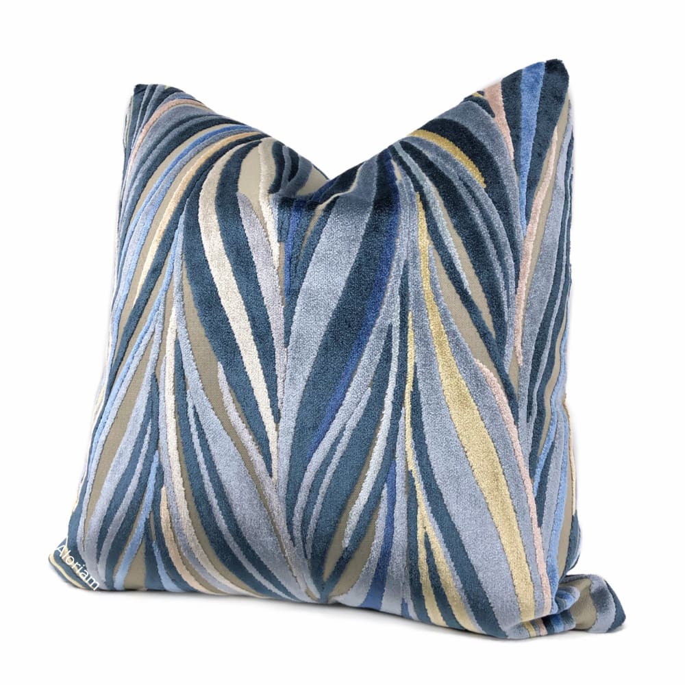 Bjorn Blue Beige Chevron Swirl Velvet Pillow Cover - Aloriam