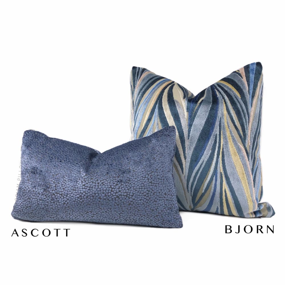 Bjorn Blue Beige Chevron Swirl Velvet Pillow Cover - Aloriam