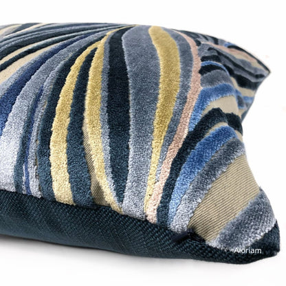 Bjorn Blue Beige Chevron Swirl Velvet Pillow Cover - Aloriam