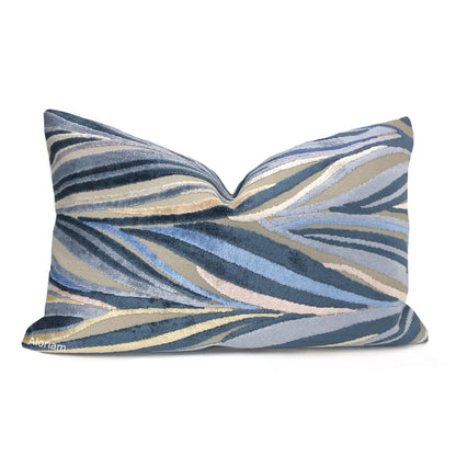 Bjorn Blue Beige Chevron Swirl Velvet Pillow Cover - Aloriam