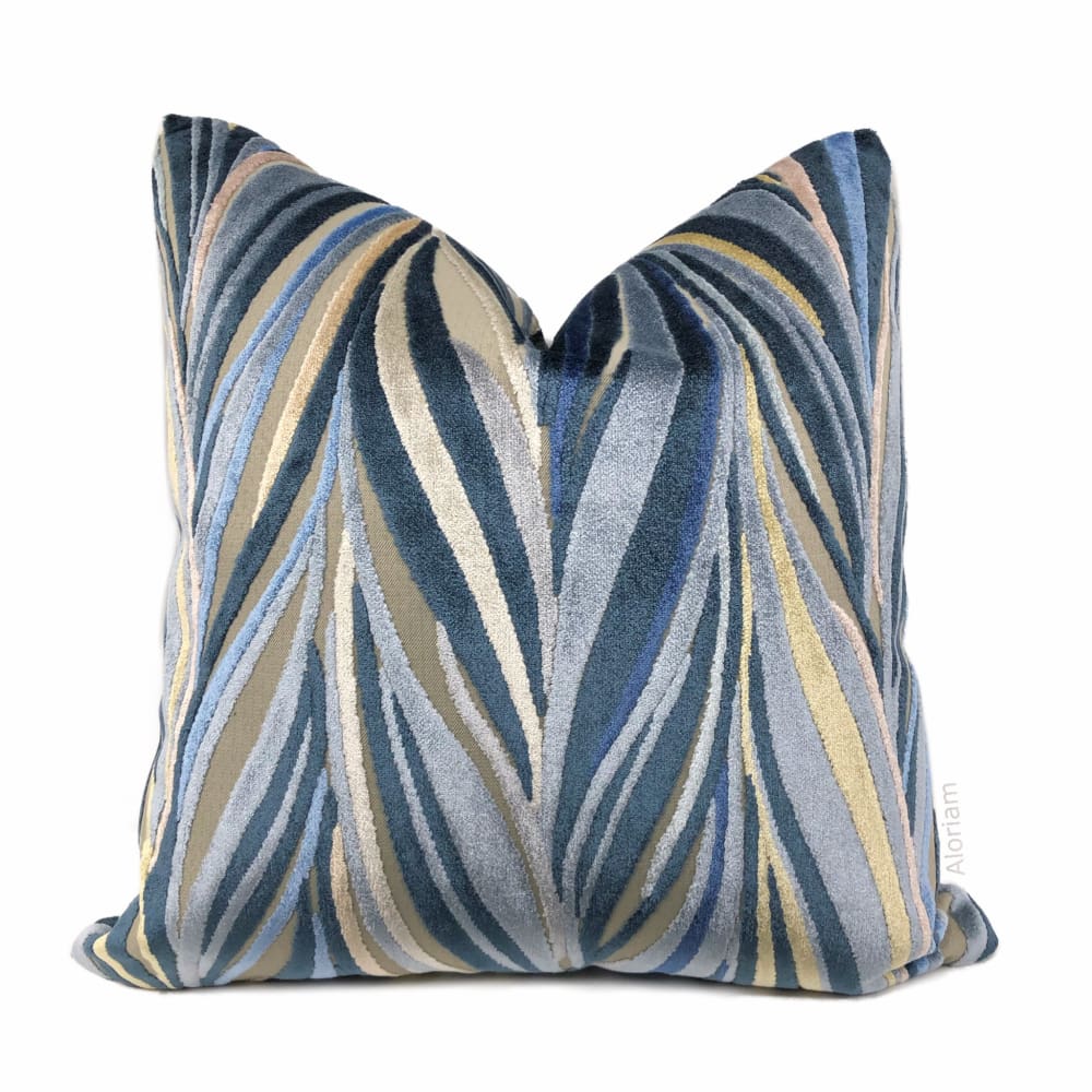 Bjorn Blue Beige Chevron Swirl Velvet Pillow Cover - Aloriam