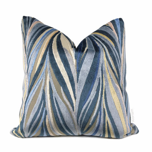 Bjorn Blue Beige Chevron Swirl Velvet Pillow Cover - Aloriam