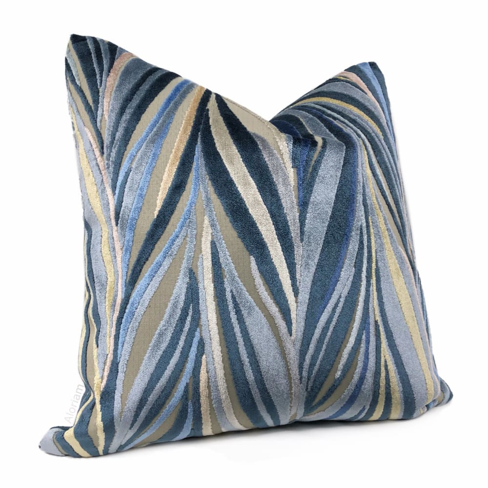 Bjorn Blue Beige Chevron Swirl Velvet Pillow Cover - Aloriam