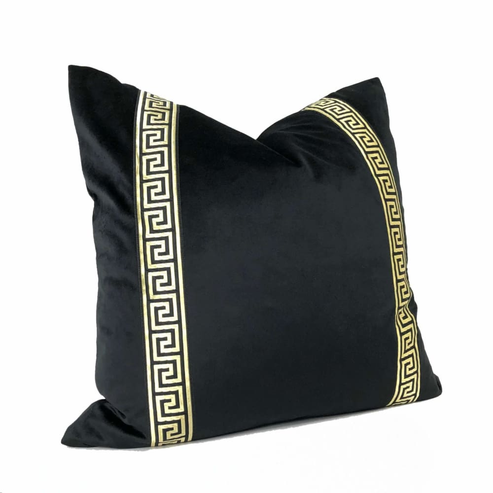 Black Libretto Velvet Pillow Cover with Metallic Gold Greek Key Trim - Aloriam