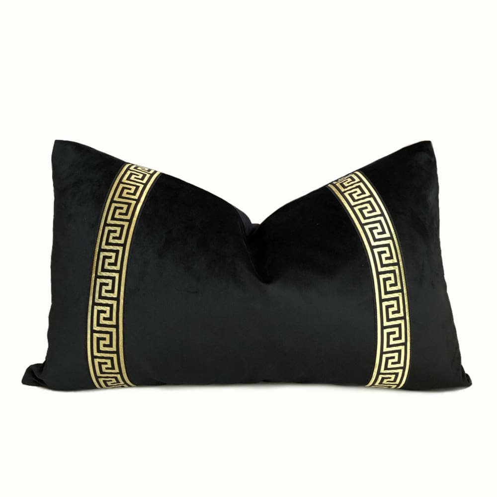 Black Libretto Velvet Pillow Cover with Metallic Gold Greek Key Trim - Aloriam