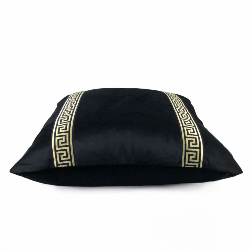 Black Libretto Velvet Pillow Cover with Metallic Gold Greek Key Trim - Aloriam