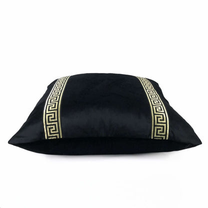 Black Libretto Velvet Pillow Cover with Metallic Gold Greek Key Trim - Aloriam