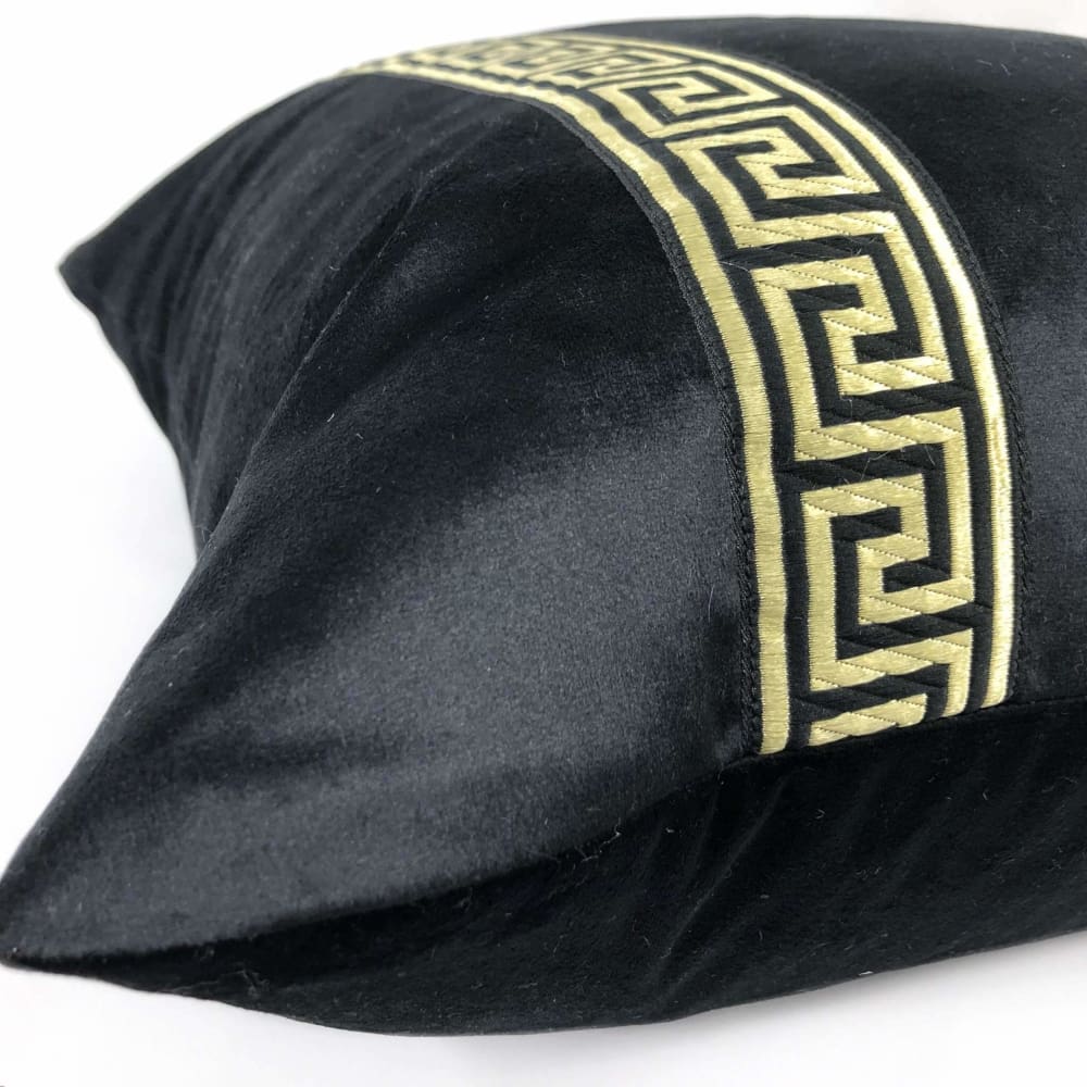 Black Libretto Velvet Pillow Cover with Metallic Gold Greek Key Trim - Aloriam