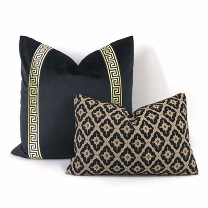 Black Libretto Velvet Pillow Cover with Metallic Gold Greek Key Trim - Aloriam