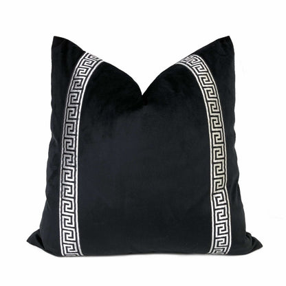 Black Libretto Velvet Pillow Cover with Metallic Silver Greek Key Trim Cushion Pillow Case Euro Sham 16x16 18x18 20x20 22x22 24x24 26x26 28x28 Lumbar Pillow 12x18 12x20 12x24 14x20 16x26 by Aloriam