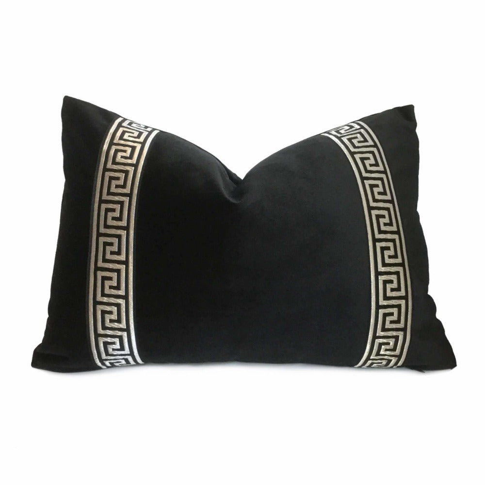 Black Libretto Velvet Pillow Cover with Metallic Silver Greek Key Trim Cushion Pillow Case Euro Sham 16x16 18x18 20x20 22x22 24x24 26x26 28x28 Lumbar Pillow 12x18 12x20 12x24 14x20 16x26 by Aloriam