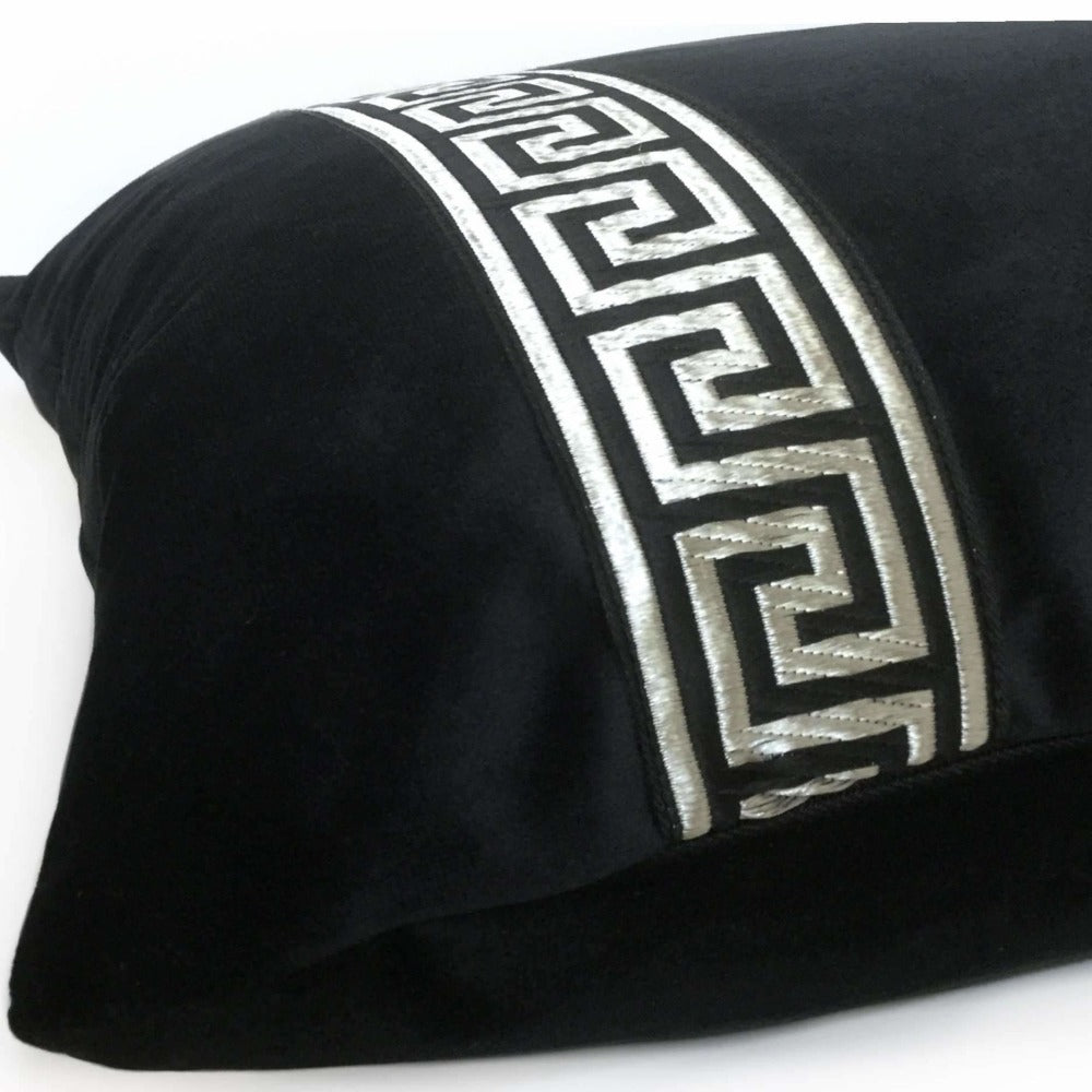 Black Libretto Velvet Pillow Cover with Metallic Silver Greek Key Trim Cushion Pillow Case Euro Sham 16x16 18x18 20x20 22x22 24x24 26x26 28x28 Lumbar Pillow 12x18 12x20 12x24 14x20 16x26 by Aloriam