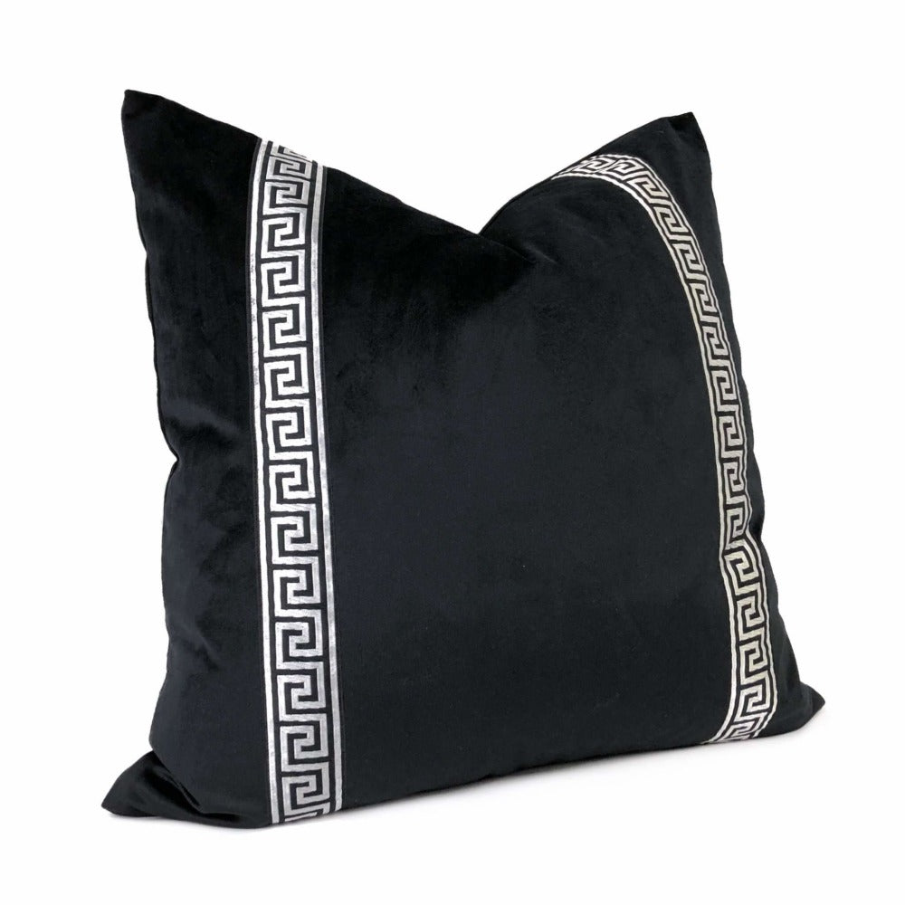 Black Libretto Velvet Pillow Cover with Metallic Silver Greek Key Trim Cushion Pillow Case Euro Sham 16x16 18x18 20x20 22x22 24x24 26x26 28x28 Lumbar Pillow 12x18 12x20 12x24 14x20 16x26 by Aloriam