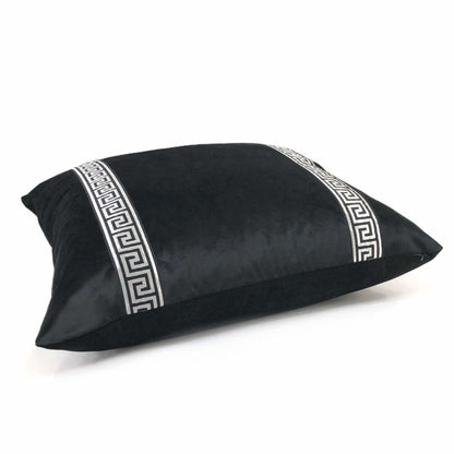 Black Libretto Velvet Pillow Cover with Metallic Silver Greek Key Trim Cushion Pillow Case Euro Sham 16x16 18x18 20x20 22x22 24x24 26x26 28x28 Lumbar Pillow 12x18 12x20 12x24 14x20 16x26 by Aloriam