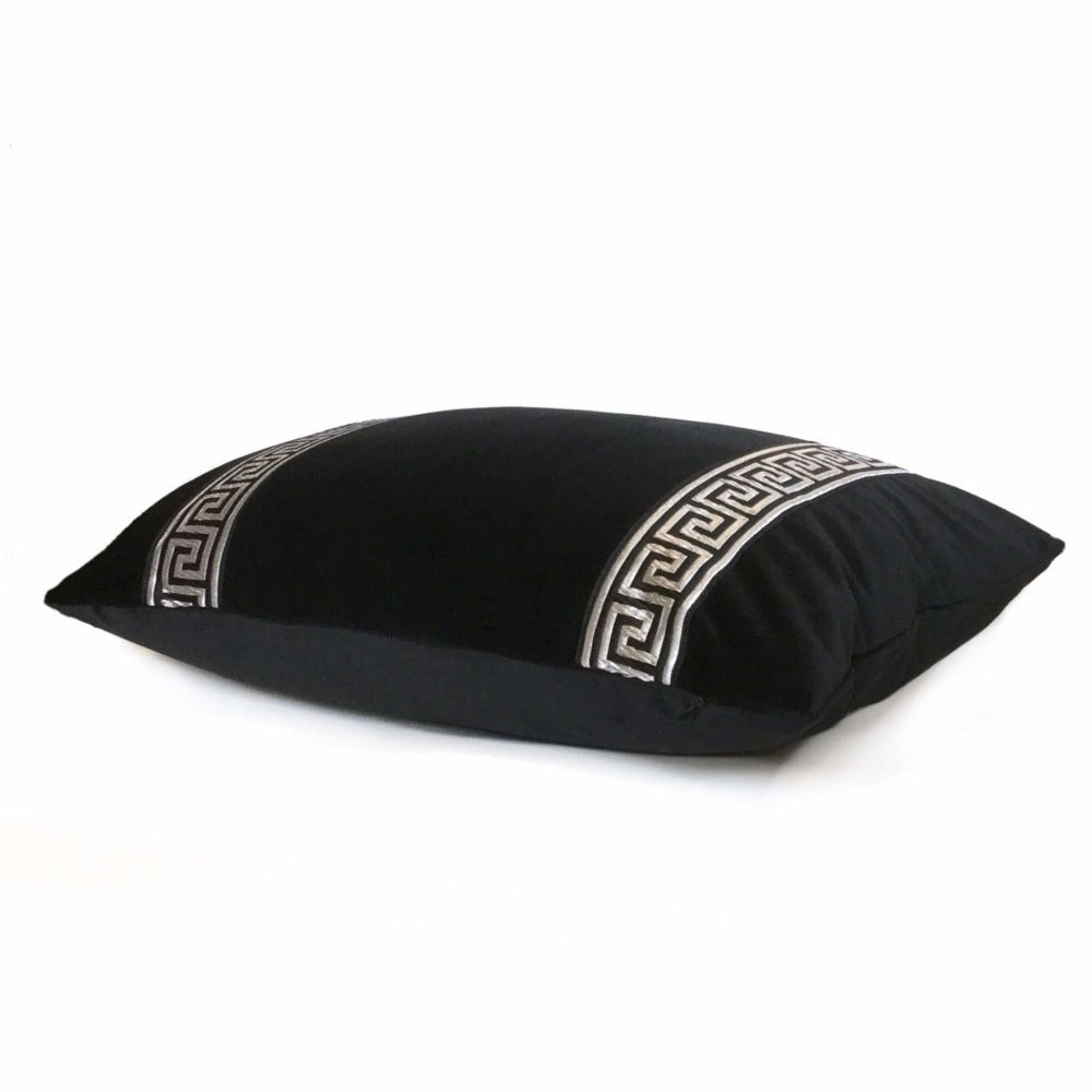 Black Libretto Velvet Pillow Cover with Metallic Silver Greek Key Trim Cushion Pillow Case Euro Sham 16x16 18x18 20x20 22x22 24x24 26x26 28x28 Lumbar Pillow 12x18 12x20 12x24 14x20 16x26 by Aloriam