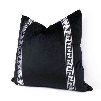 Black Libretto Velvet Pillow Cover with Metallic Silver Greek Key Trim Cushion Pillow Case Euro Sham 16x16 18x18 20x20 22x22 24x24 26x26 28x28 Lumbar Pillow 12x18 12x20 12x24 14x20 16x26 by Aloriam