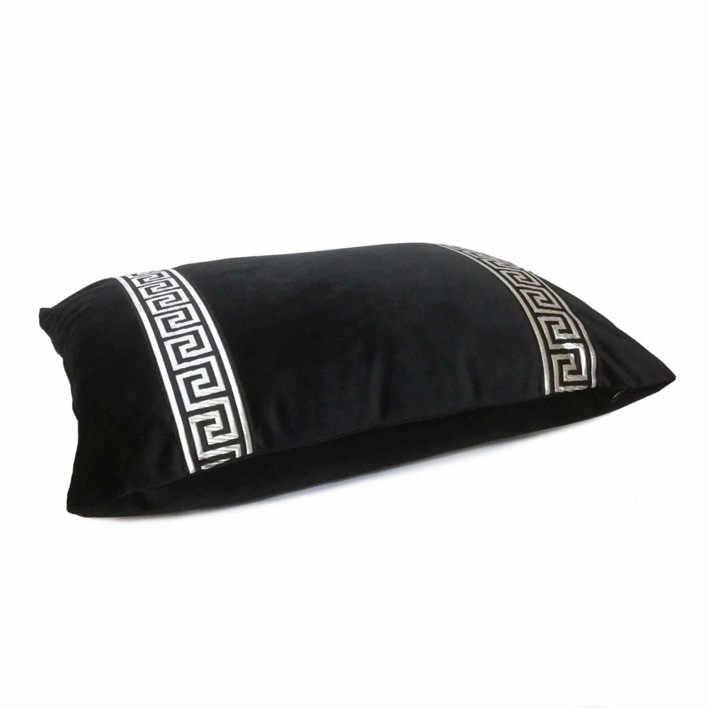 Black Libretto Velvet Pillow Cover with Metallic Silver Greek Key Trim Cushion Pillow Case Euro Sham 16x16 18x18 20x20 22x22 24x24 26x26 28x28 Lumbar Pillow 12x18 12x20 12x24 14x20 16x26 by Aloriam