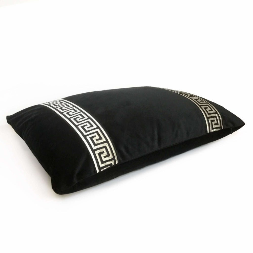 Black Libretto Velvet Pillow Cover with Metallic Silver Greek Key Trim Cushion Pillow Case Euro Sham 16x16 18x18 20x20 22x22 24x24 26x26 28x28 Lumbar Pillow 12x18 12x20 12x24 14x20 16x26 by Aloriam