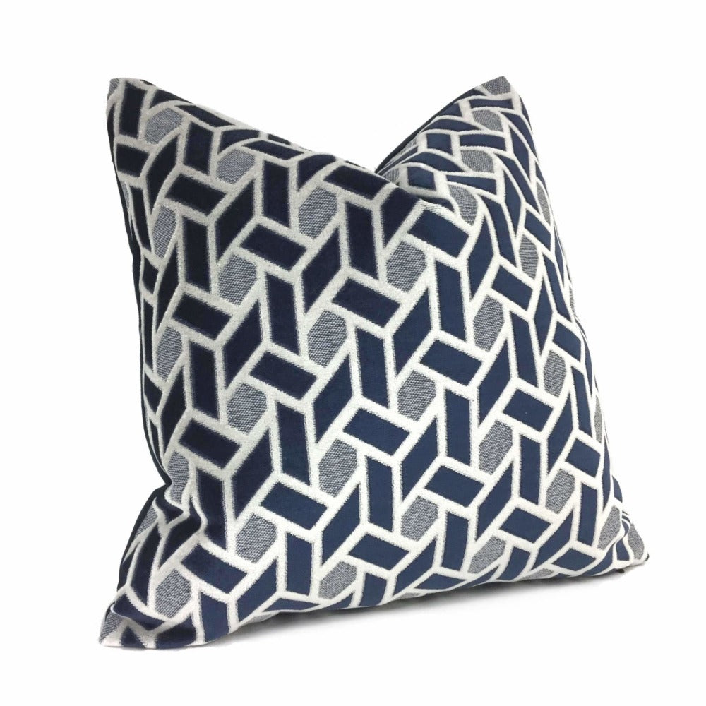 Navy Blue Light Gray Geometric Tile Velvet Pillow Case 24x24 26x26 28x28 Euro Sham