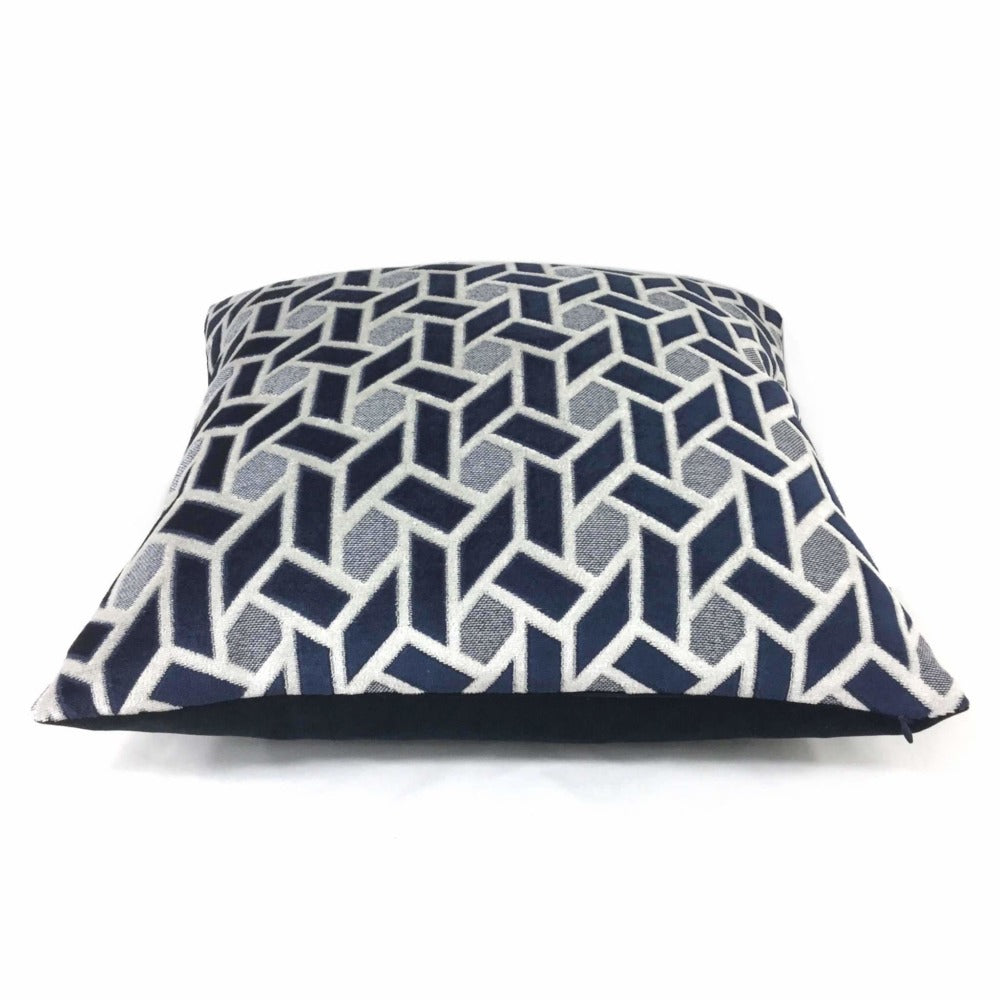 Navy Blue Light Gray Geometric Tile Velvet Throw Pillow 16x16 18x18 20x20 22x22