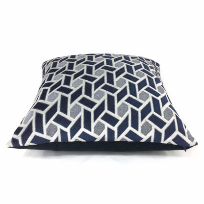 Navy Blue Light Gray Geometric Tile Velvet Throw Pillow 16x16 18x18 20x20 22x22