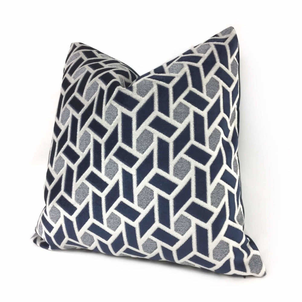 Navy Blue Light Gray Geometric Tile Velvet Lumbar Pillow 12x18 12x20 12x24 14x20 16x26