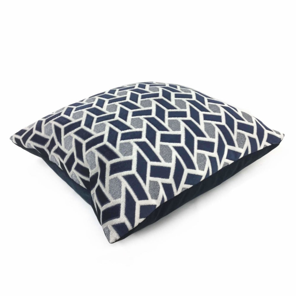 Navy Blue Light Gray Geometric Tile Velvet Pillow Sham 16x16 18x18 20x20 22x22