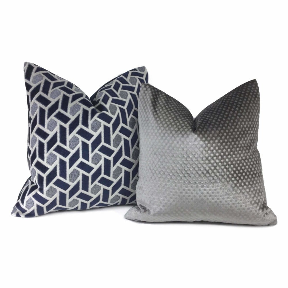 Navy Blue Light Gray Geometric Tile Velvet Designer Sofa Pillow