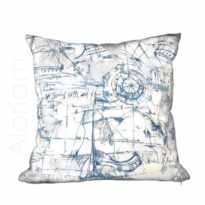 Blue White Sailing Sailboat Nautical Sketch Drawing Pillow Cushion Cover