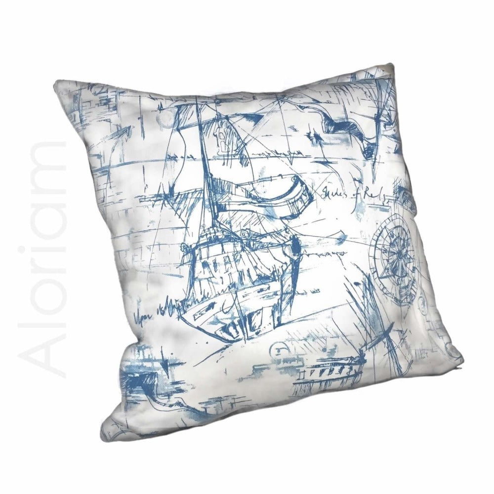 Blue White Sailing Sailboat Nautical Sketch Drawing Pillow Cushion Cover