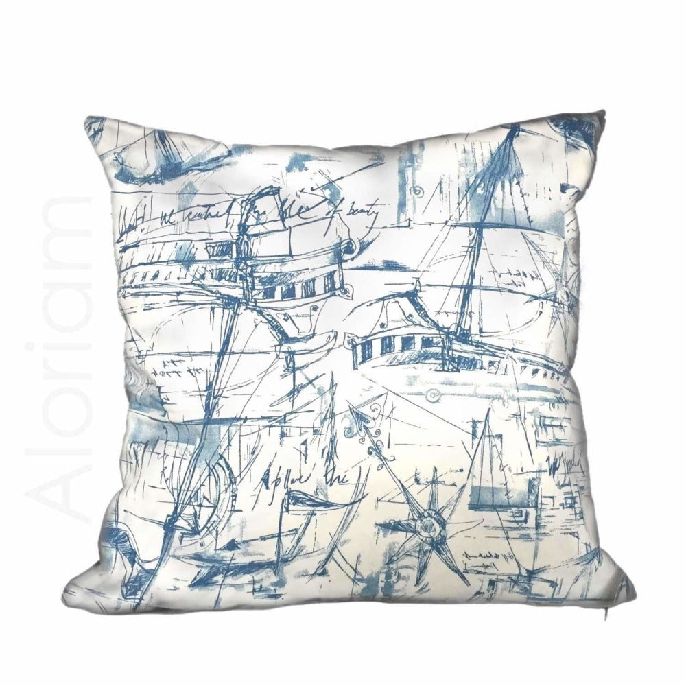 Blue White Sailing Sailboat Nautical Sketch Drawing Pillow Cushion Cover