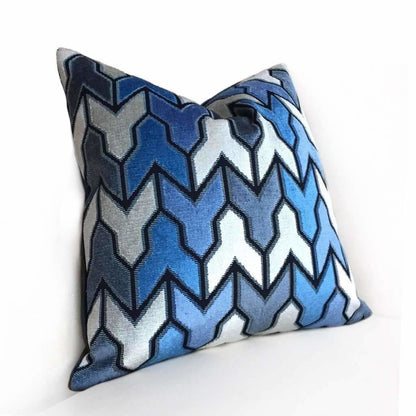 Designer Arrow Geometric Cut Velvet Navy Blue Cream Pillow Cover