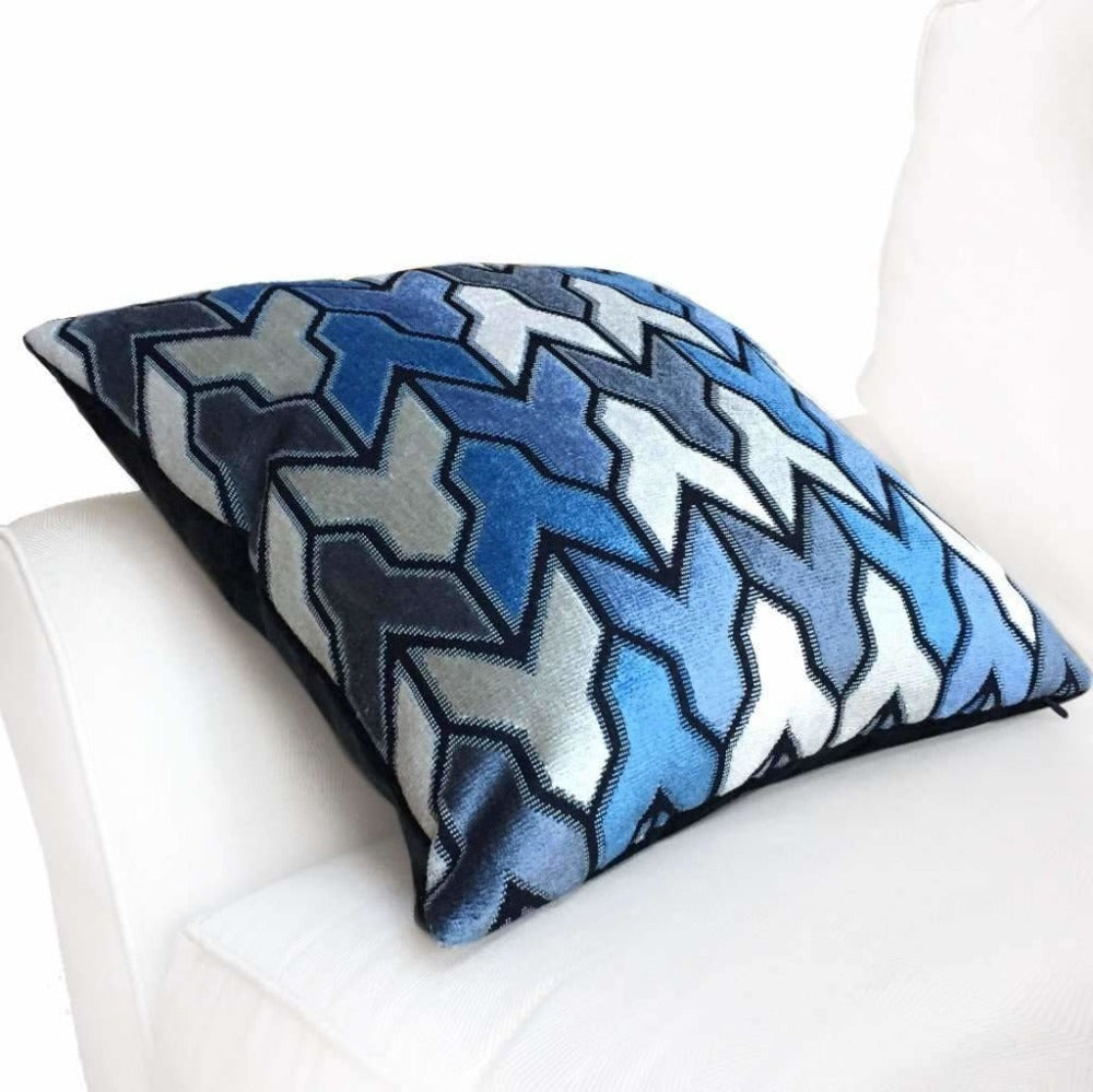 Designer Arrow Geometric Cut Velvet Navy Blue Cream Pillow Cover by Aloriam