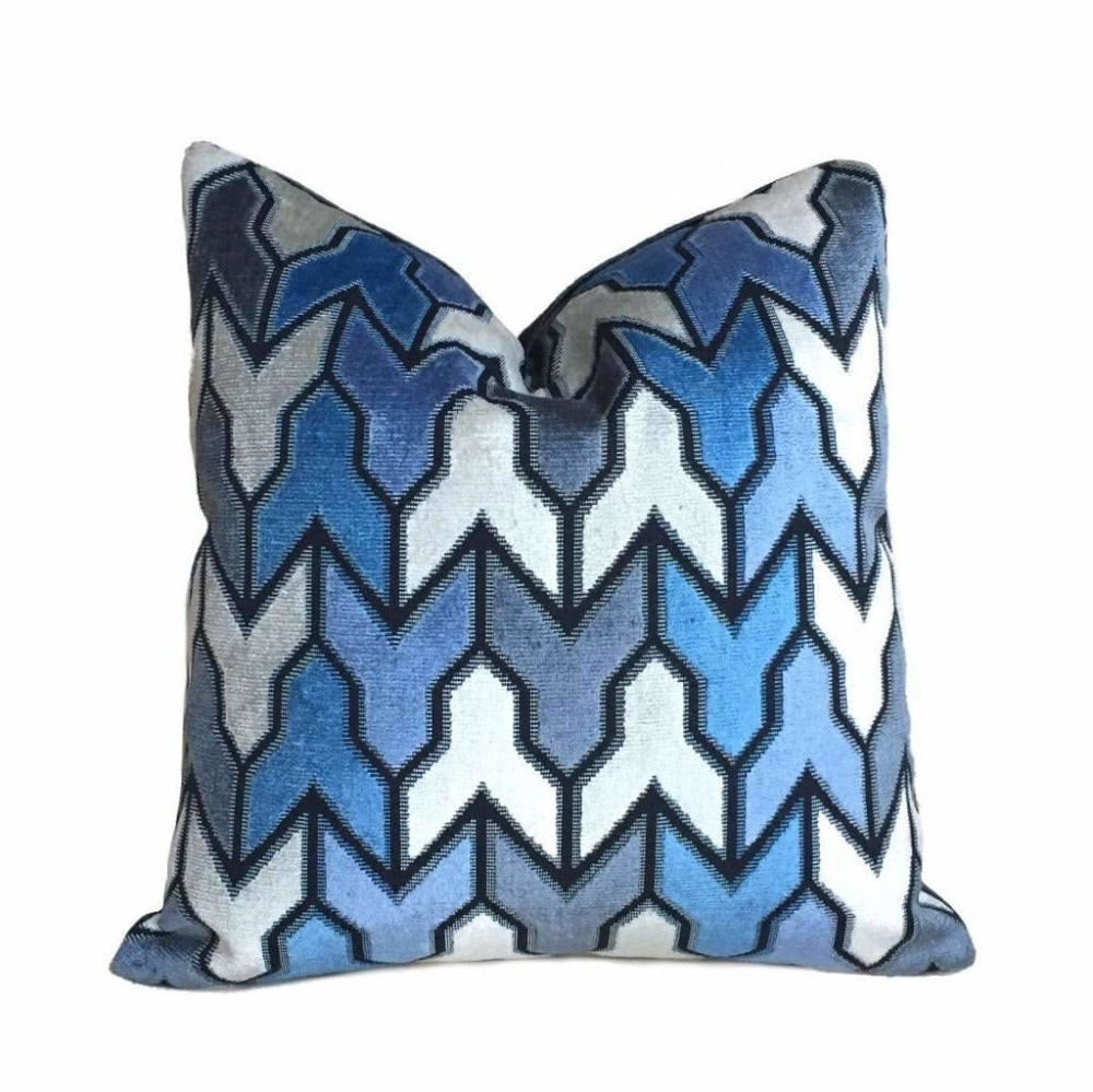 Designer Arrow Geometric Cut Velvet Navy Blue Cream Pillow Cover by Aloriam