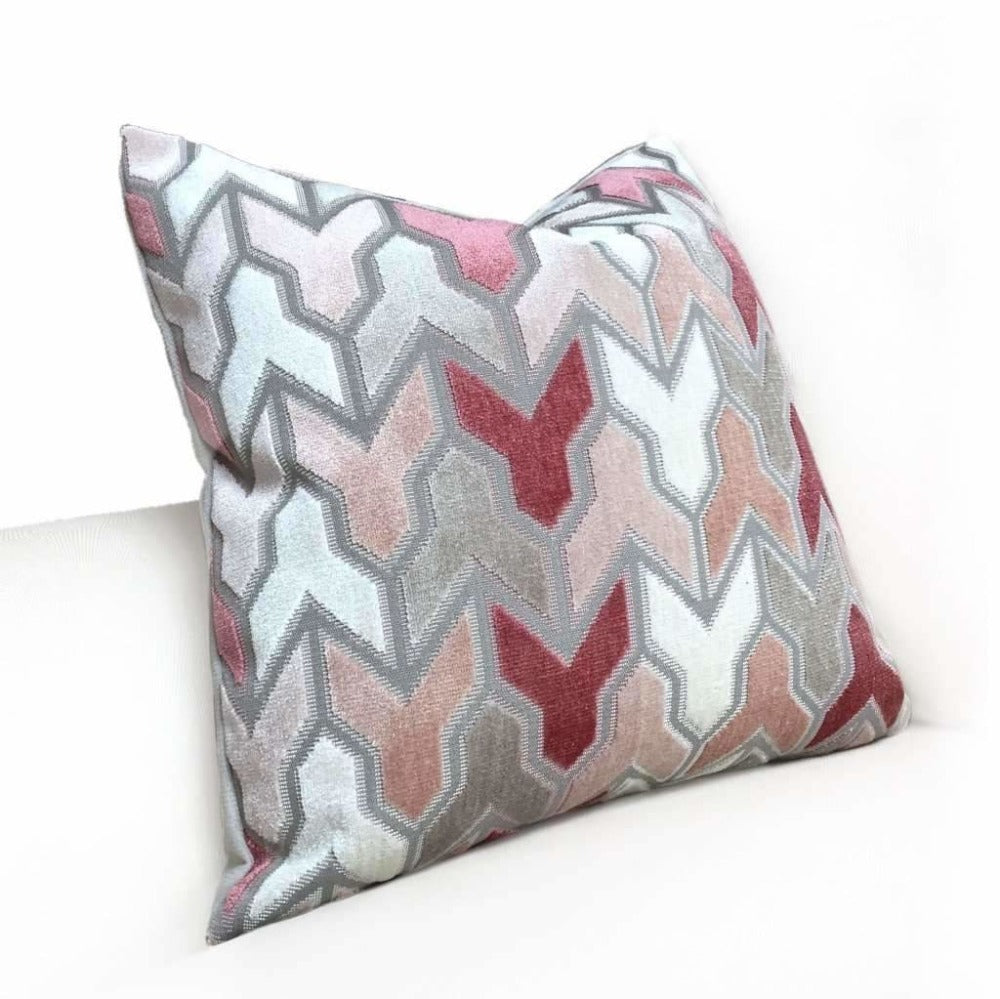 Designer Arrow Geometric Cut Velvet Pink Gray Cream Pillow Cover by Aloriam