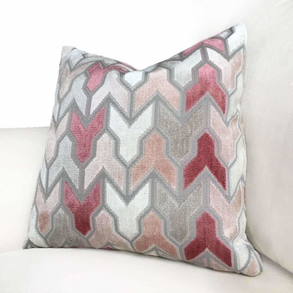 Designer Arrow Geometric Cut Velvet Pink Gray Cream Pillow Cover by Aloriam