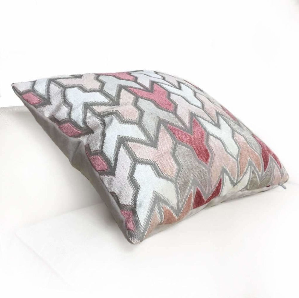 Designer Arrow Geometric Cut Velvet Pink Gray Cream Pillow Cover by Aloriam