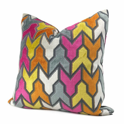 Brookhaven Arrow Geometric Pink Orange Yellow Gray Velvet Pillow Cover - Aloriam