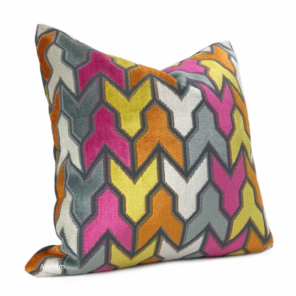 Brookhaven Arrow Geometric Pink Orange Yellow Gray Velvet Pillow Cover - Aloriam