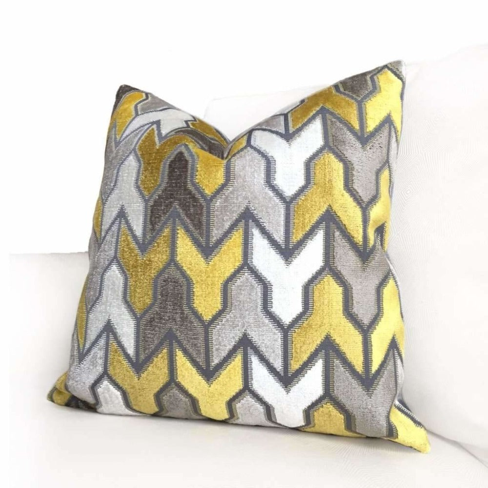 Designer Arrow Geometric Velvet Mustard Yellow Gray Cream Pillow Cover by Aloriam