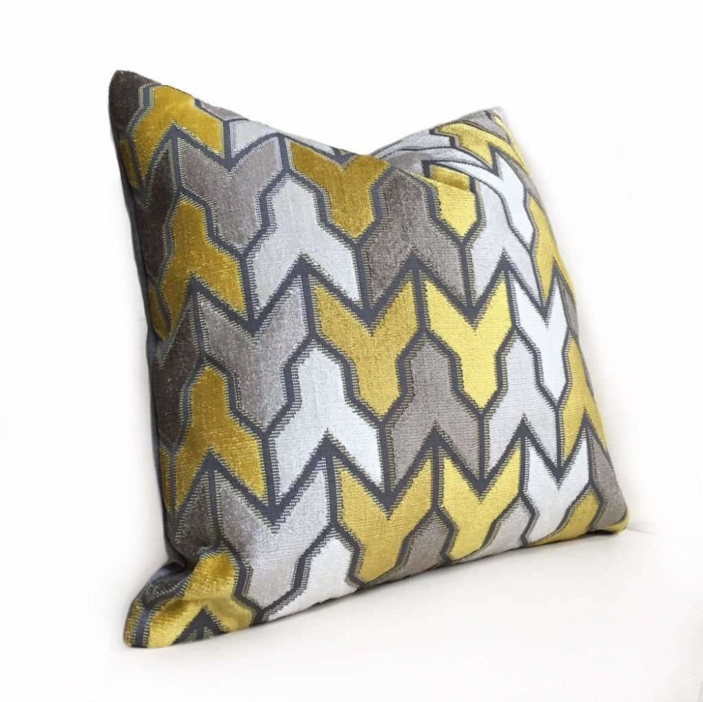 Designer Arrow Geometric Velvet Mustard Yellow Gray Cream Pillow Cover by Aloriam