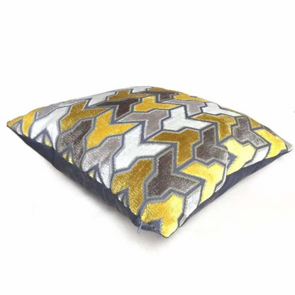 Designer Arrow Geometric Velvet Mustard Yellow Gray Cream Pillow Cover by Aloriam