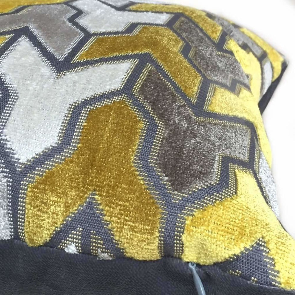 Designer Arrow Geometric Velvet Mustard Yellow Gray Cream Pillow Cover by Aloriam