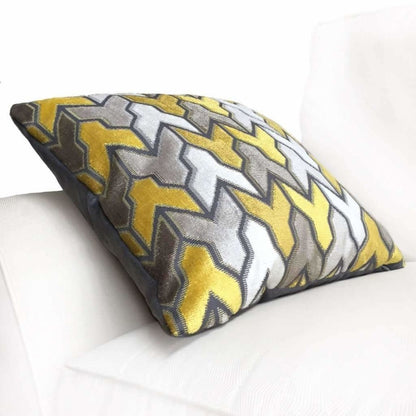 Designer Arrow Geometric Velvet Mustard Yellow Gray Cream Pillow Cover by Aloriam