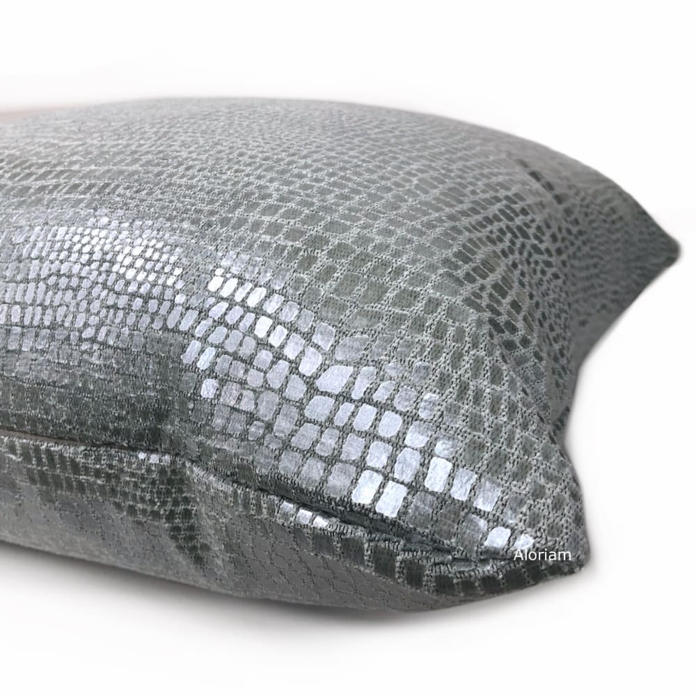 Caiman Silver Blue Metallic Faux Crocodile Skin Pillow Cover - Aloriam